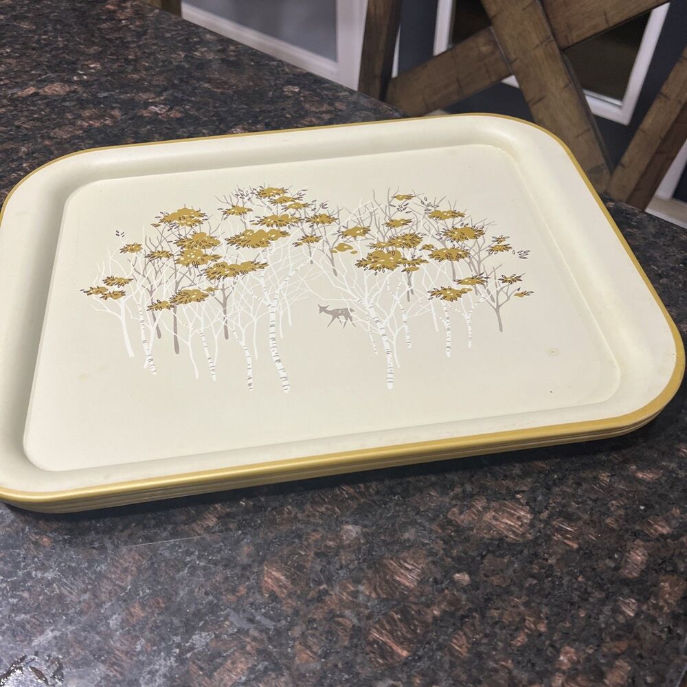 Set of 4︱Metal Serving Trays︱Vintage︱ Gold/Cream Flowers ︱ 10.75 x 14.75 ︱Deer